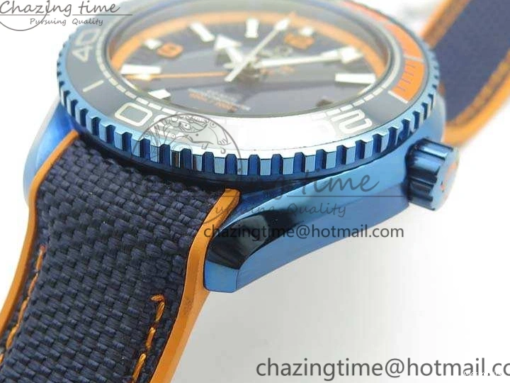 0818 FreshLook Planet Ocean 45mm GMT Blue DLC Black OMF Best Edition Blue Dial On Blue Gummy Strap A 8123